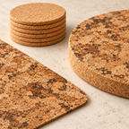 Close-up of Angola cork textures on the placemat and 20 mm round trivet with plain natural cork coasters
