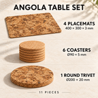 Angola table set infographic: four 400 x 300 x 3 mm placemats, six diameter 90 x 5 mm coasters, one diameter 200 x 20 mm trivet