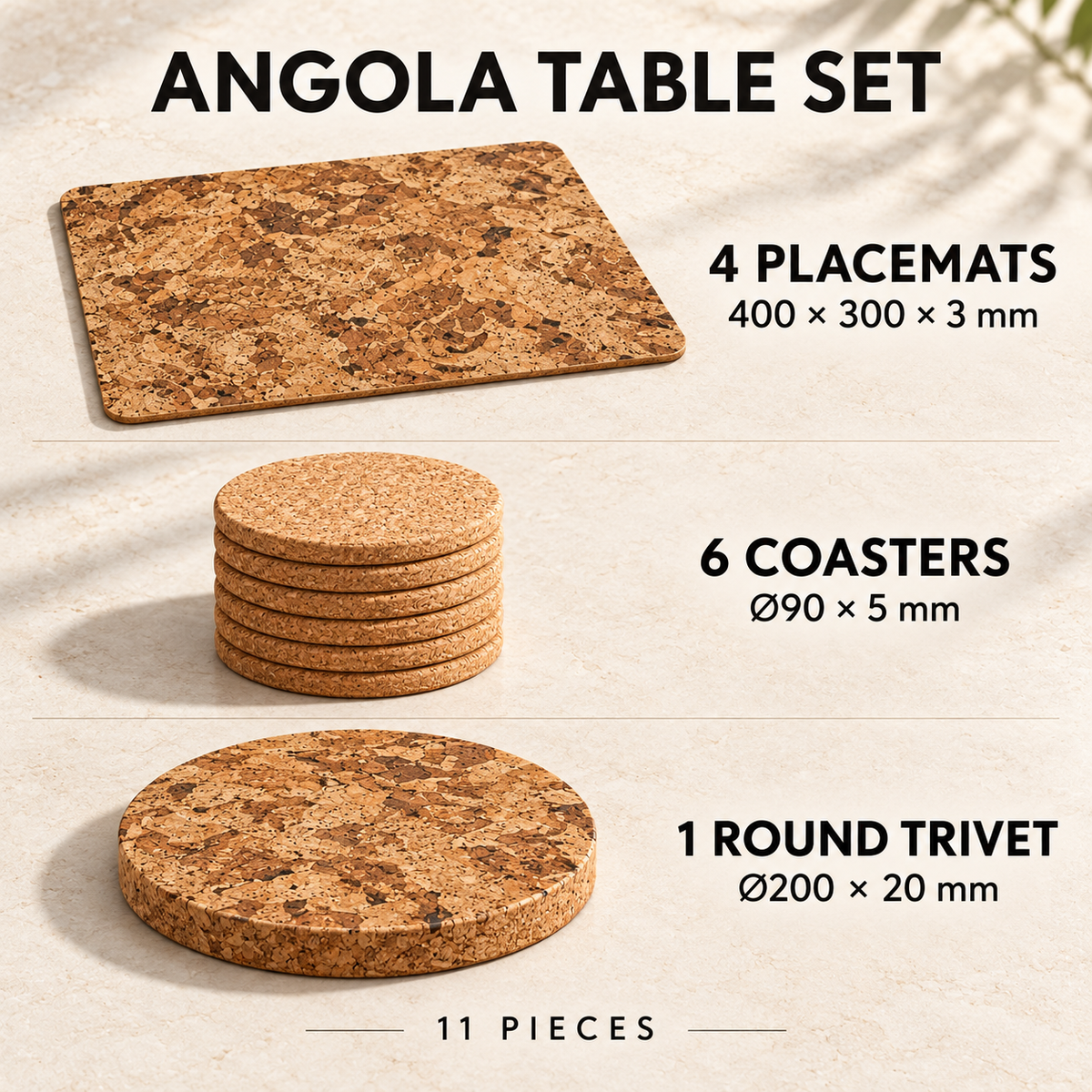 Angola table set infographic: four 400 x 300 x 3 mm placemats, six diameter 90 x 5 mm coasters, one diameter 200 x 20 mm trivet