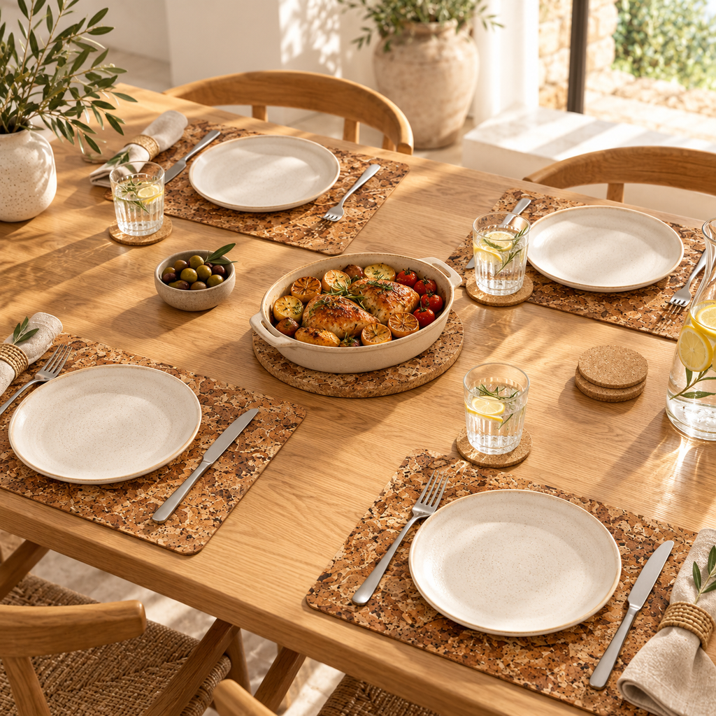 Angola cork placemats and coasters at a dining table for four with one matching round trivet beneath a serving dish