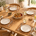 Angola cork placemats and coasters at a dining table for four with one matching round trivet beneath a serving dish