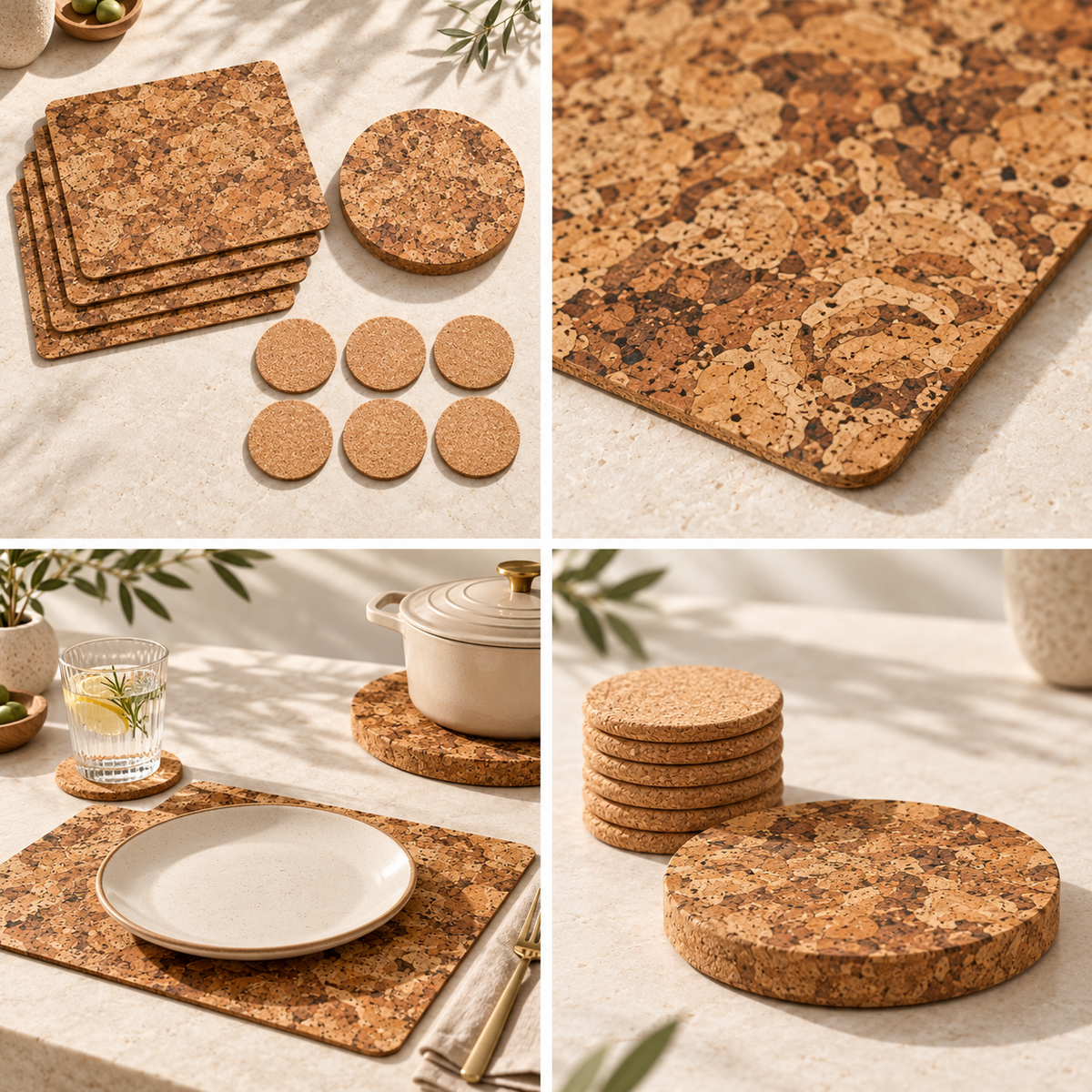 Angola cork table set editorial collage showing complete contents, cork macro, dining table and natural round coasters