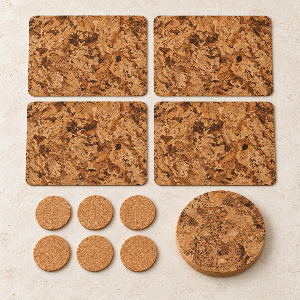 Angola cork table set for four: four Angola cork placemats, six natural round coasters and one round 20 cm trivet