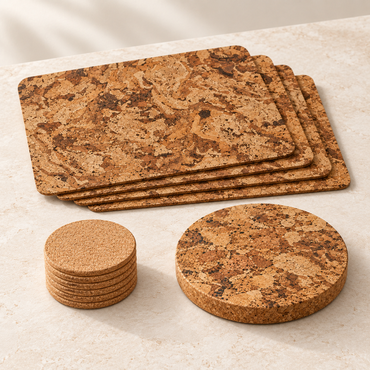 Studio angled view of four Angola cork placemats, six round natural coasters and one matching Angola round trivet