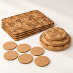 Four Angola cork placemats, three graduated thick round Angola trivets and six natural cork coasters