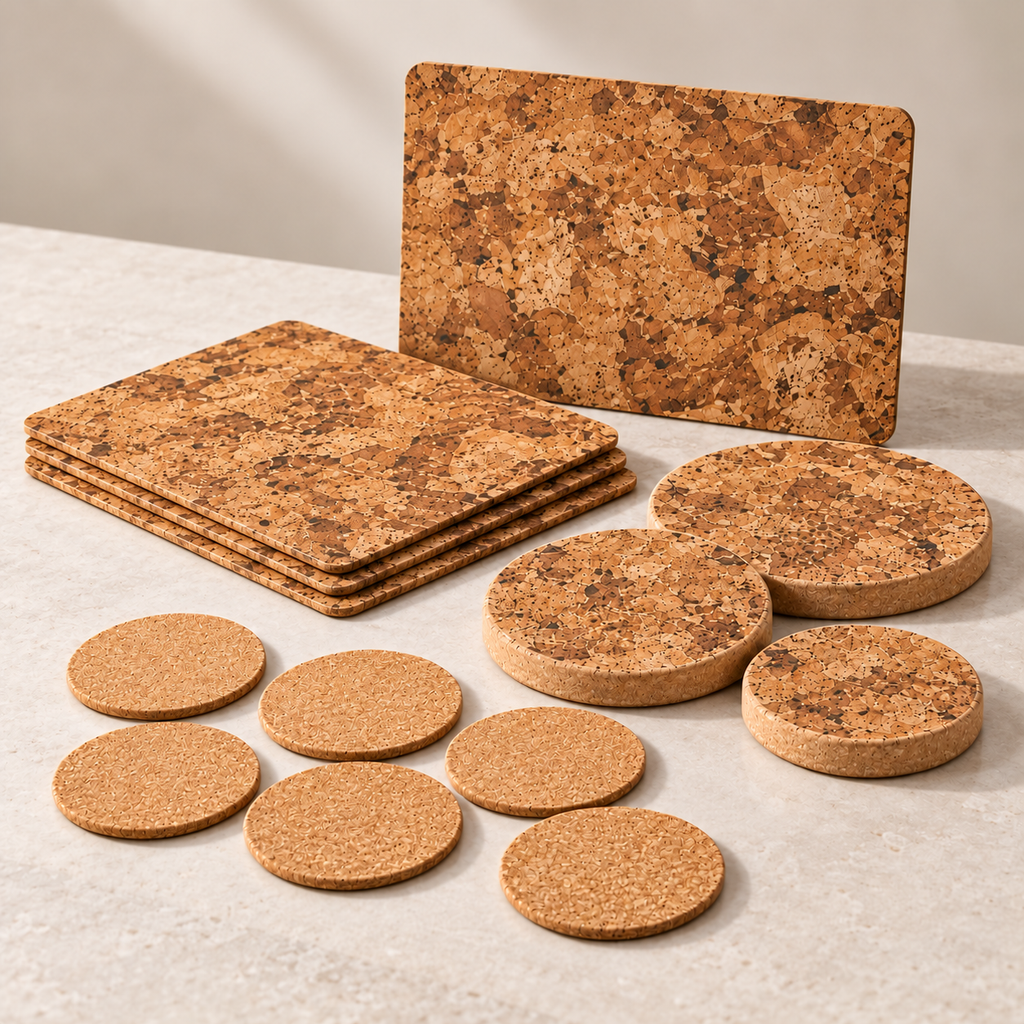 Angola premium 13-piece table set photographed from an angle with true cork textures