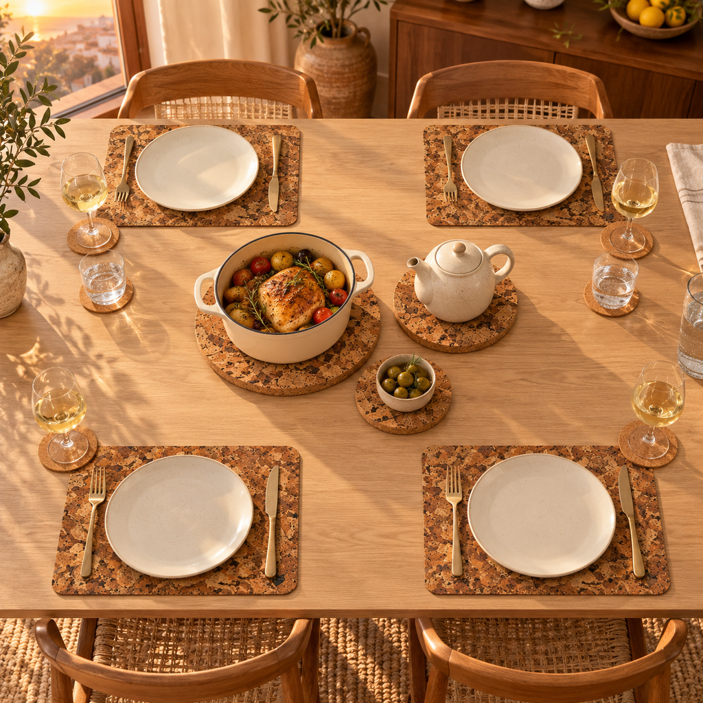 Angola natural cork 13-piece dinner table set with four settings