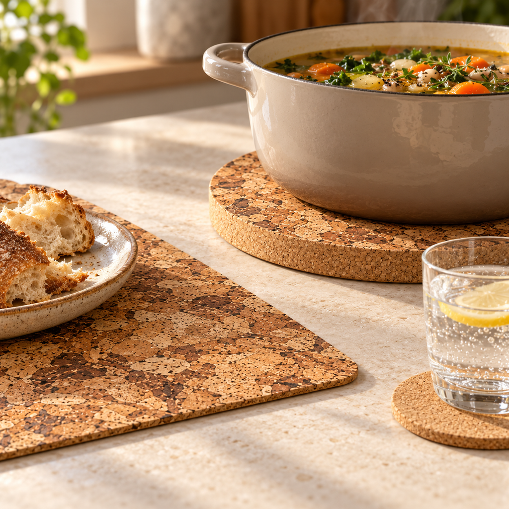 Angola cork trivet used beneath a ceramic pot, with matching placemat and coaster