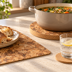 Angola cork trivet used beneath a ceramic pot, with matching placemat and coaster