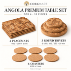 CorkMart Angola premium table set infographic with exact dimensions and contents