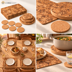 CorkMart Angola Premium Table Set for 4 — 13 Pieces: branded editorial collage showing the 13 cork pieces, texture and realistic dining scenes