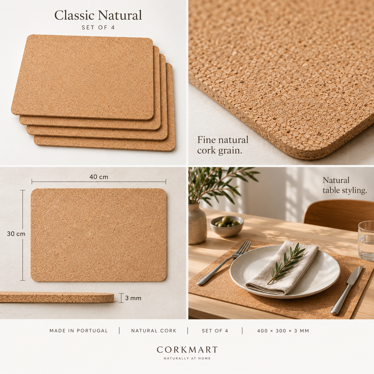 Classic Natural cork placemat set of 4 — material, dimensions and table styling