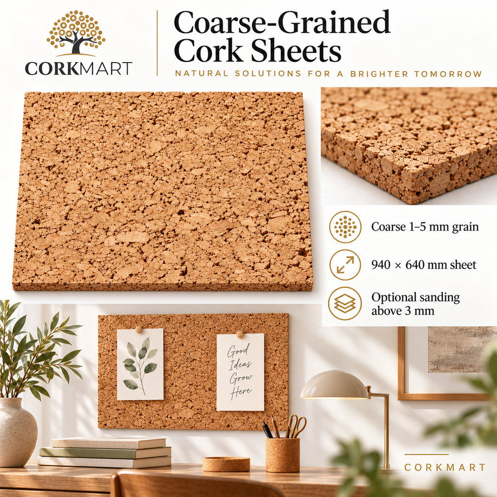 CorkMart coarse-grained cork sheets: natural 1–5 mm granules, surface detail, 940 x 640 mm and use as a cork notice board