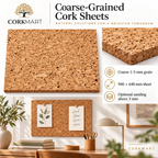 CorkMart coarse-grained cork sheets: natural 1–5 mm granules, surface detail, 940 x 640 mm and use as a cork notice board