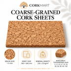 CorkMart coarse-grained cork sheets infographic: 940 x 640 mm, grain 1–5 mm, density 230 ± 20 kg/m³ and 13 available thicknesses