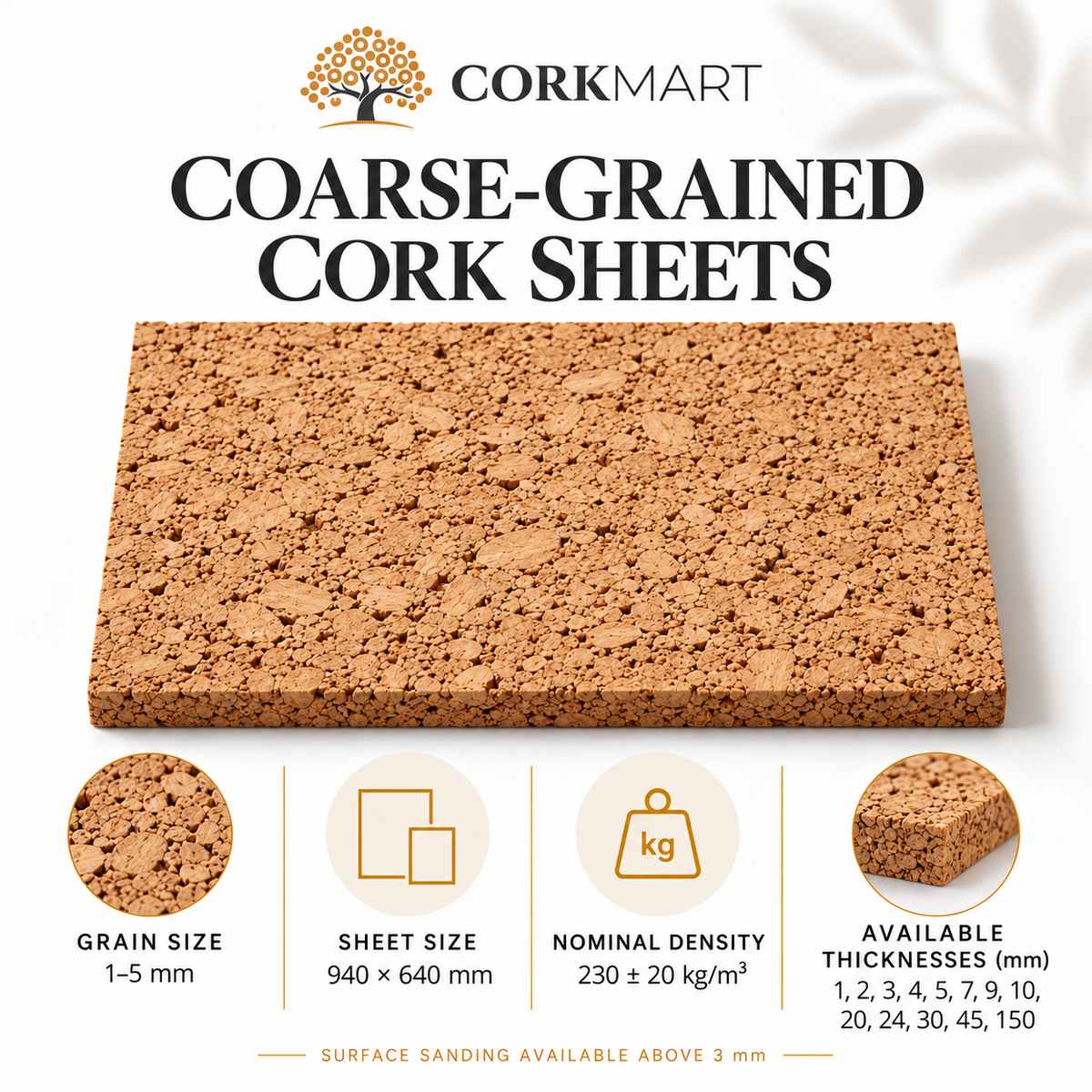 CorkMart coarse-grained cork sheets infographic: 940 x 640 mm, grain 1–5 mm, density 230 ± 20 kg/m³ and 13 available thicknesses