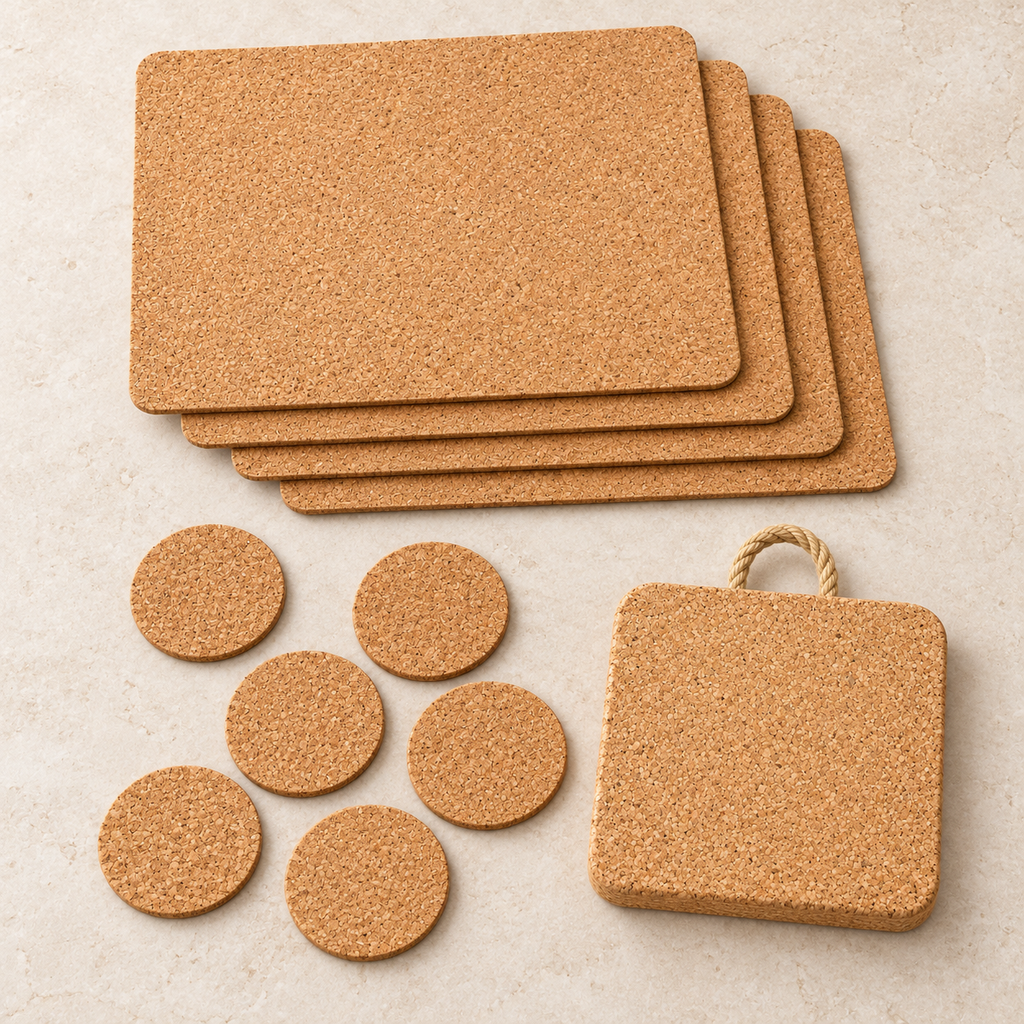Dinner Natural cork table set for four: four rectangular placemats, six round coasters and one thick 20 cm square cork trivet with hanging rope
