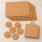Dinner Natural cork table set for four: four rectangular placemats, six round coasters and one thick 20 cm square cork trivet with hanging rope