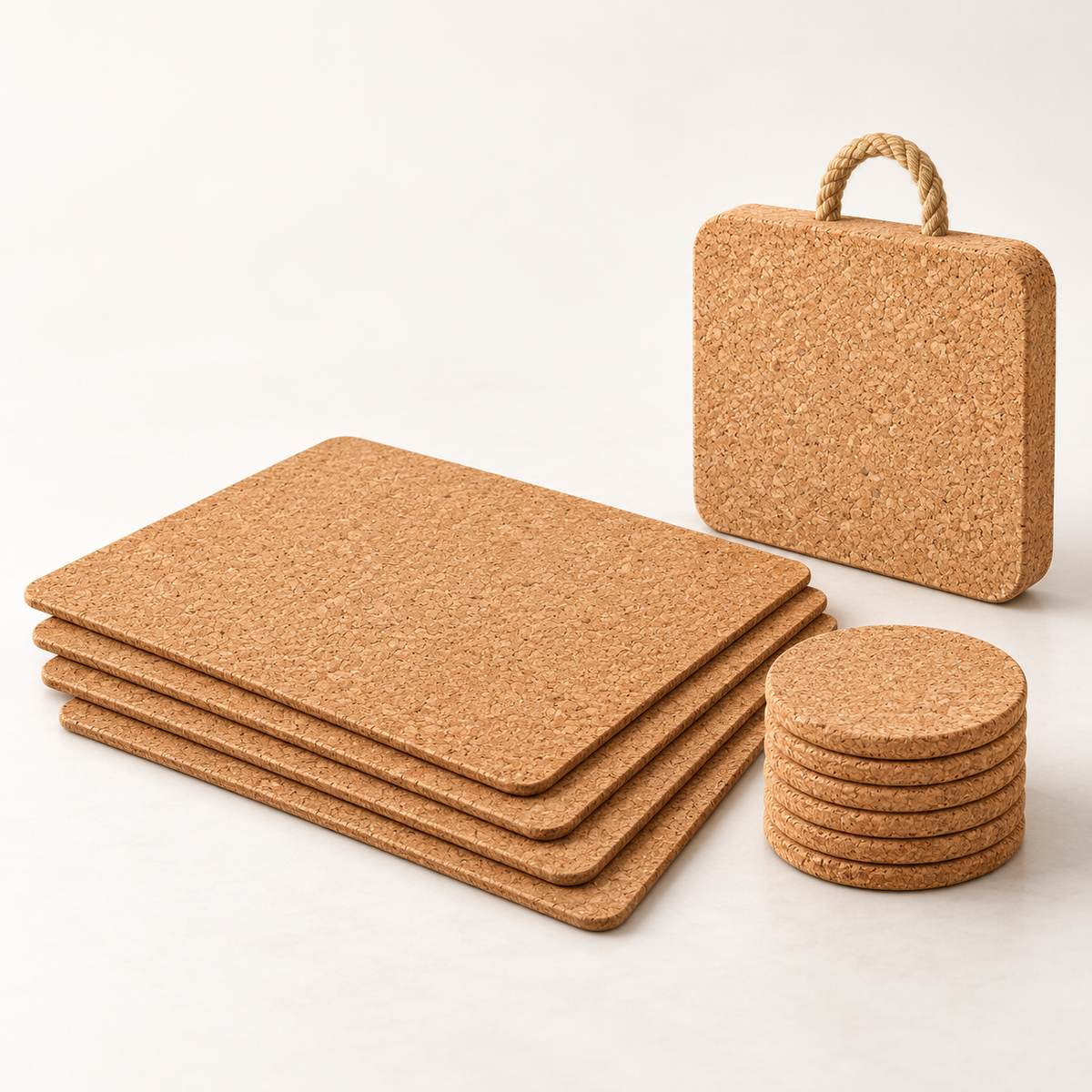 Studio view showing stacked natural cork placemats, six round cork coasters and a thick 20 cm cork trivet with rope
