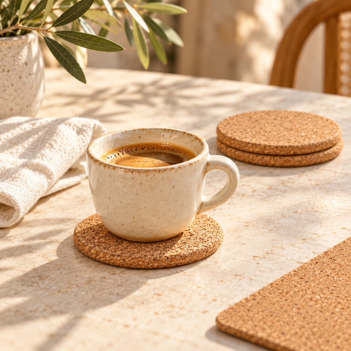 Coffee cup resting on a round natural cork coaster beside spare coasters and a cork placemat