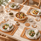 Four-place dining table styled with rectangular cork placemats, round coasters and a square cork trivet beneath a serving bowl