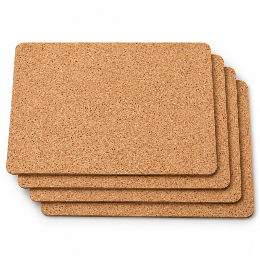 Four plain natural cork rectangular placemats, each 400 by 300 by 3 millimetres