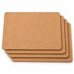 Four plain natural cork rectangular placemats, each 400 by 300 by 3 millimetres