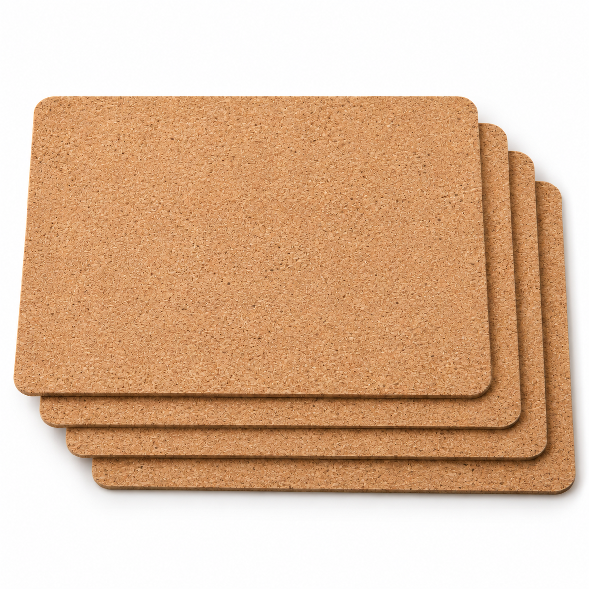 Four plain natural cork rectangular placemats, each 400 by 300 by 3 millimetres