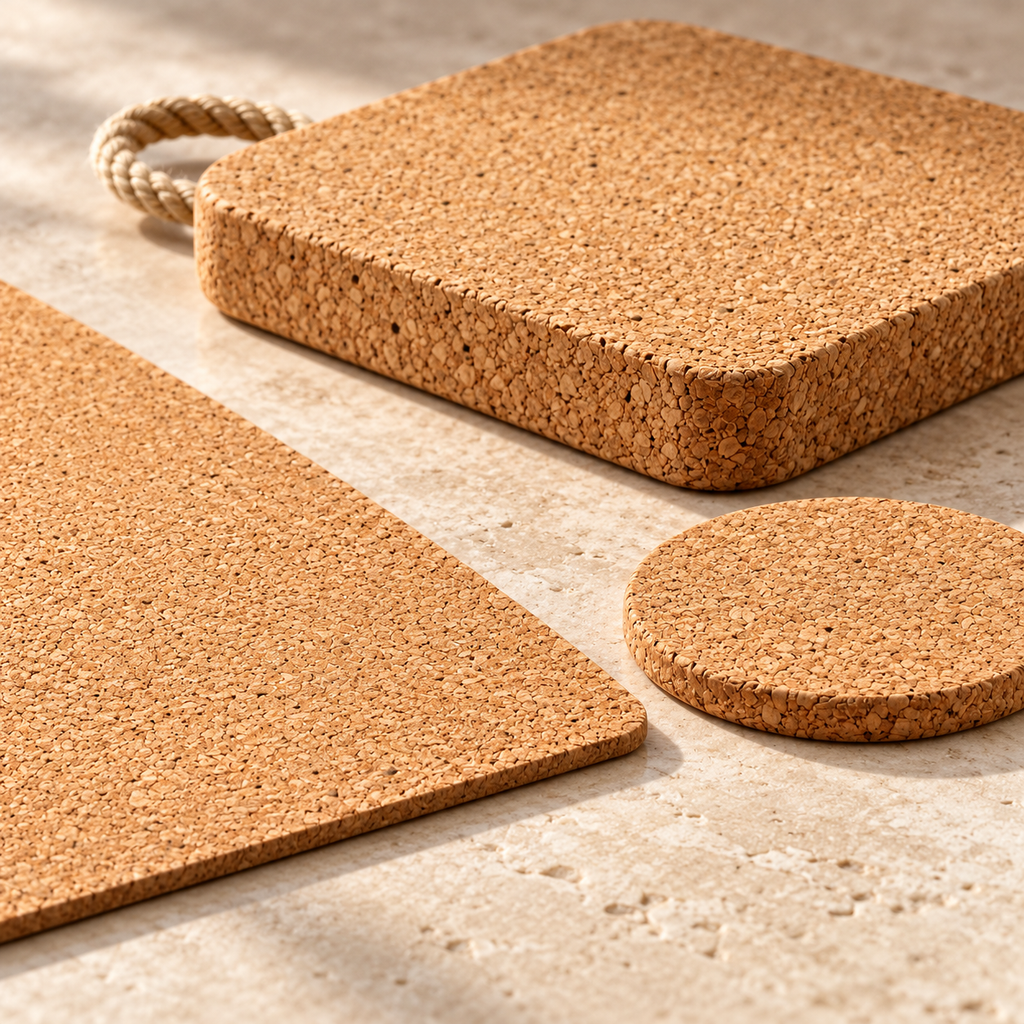 Close-up of natural cork grain and the differing thicknesses of placemat, round coaster and 20 mm square trivet