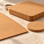 Close-up of natural cork grain and the differing thicknesses of placemat, round coaster and 20 mm square trivet