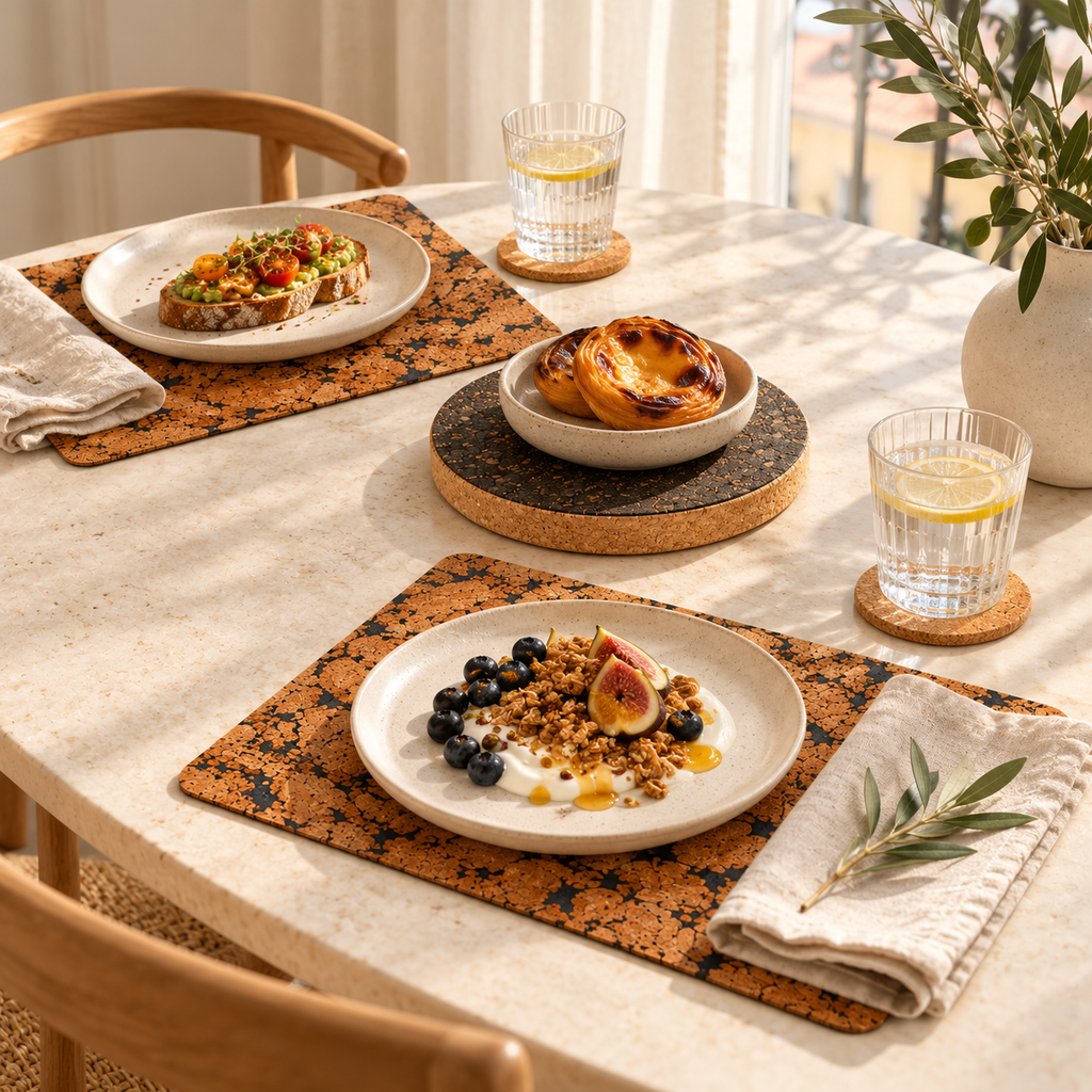 Fjord Black cork placemats with natural coasters and a round dark trivet at a sunny breakfast table