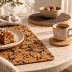 Coffee cup on natural cork coaster beside Fjord Black placemat and dark round cork trivet