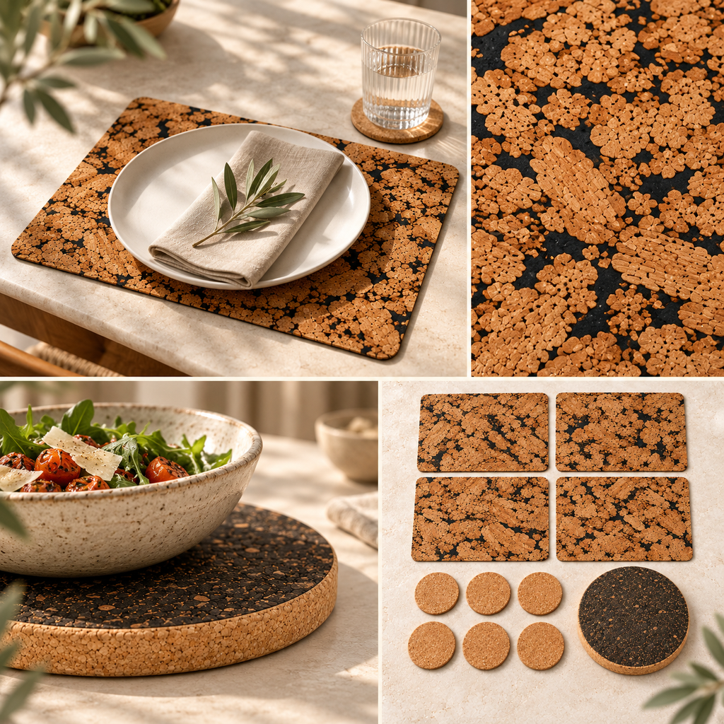 Fjord Black 11-piece table set editorial collage: dining lifestyle, cork macro, dark trivet and complete set