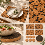 Fjord Black 11-piece table set editorial collage: dining lifestyle, cork macro, dark trivet and complete set