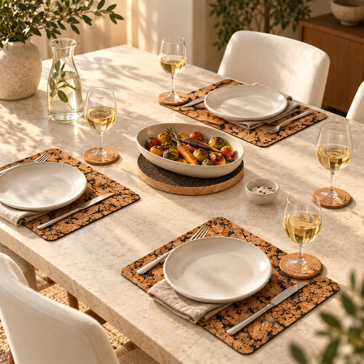 Dining table with Fjord Black cork placemats for four, natural coasters and a dark round cork trivet