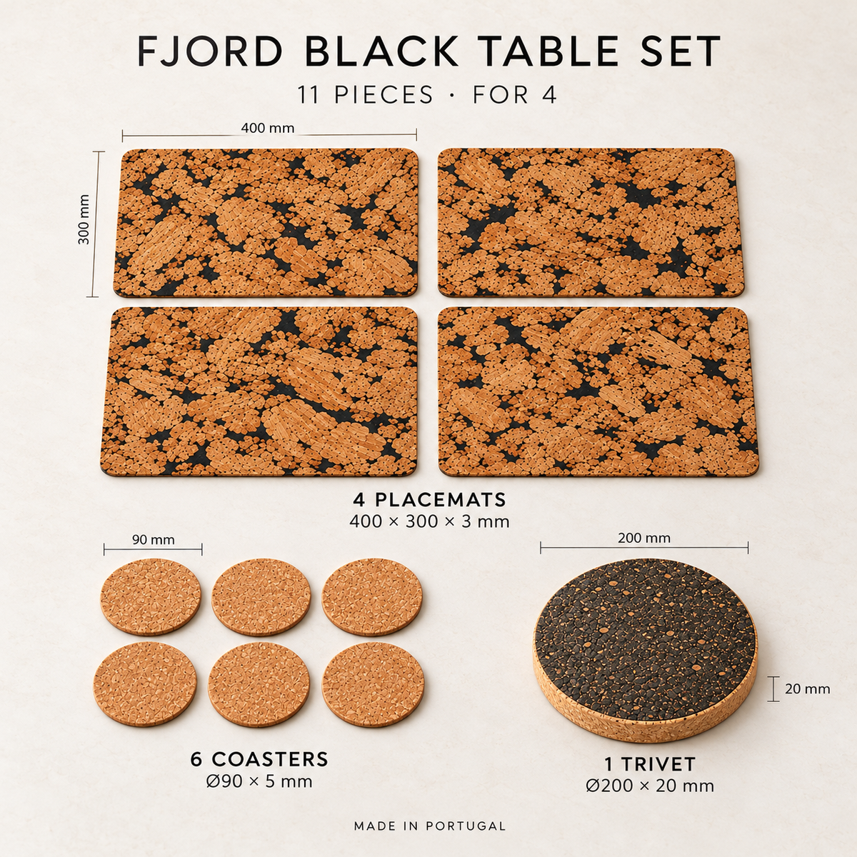 Fjord Black cork table set dimensions: 4 placemats 400 x 300 x 3 mm, 6 coasters diameter 90 x 5 mm and 1 dark trivet diameter 200 x 20 mm