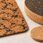 Macro of Fjord Black cork fragments, natural cork coaster and thick dark cork trivet
