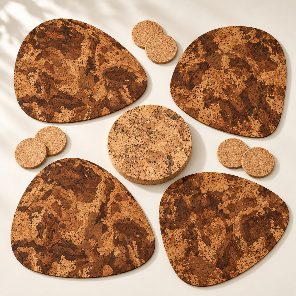 11 piece Pick Angola table set four dark rounded triangular cork placemats six natural coasters and pale speckled trivet