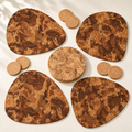 11 piece Pick Angola table set four dark rounded triangular cork placemats six natural coasters and pale speckled trivet