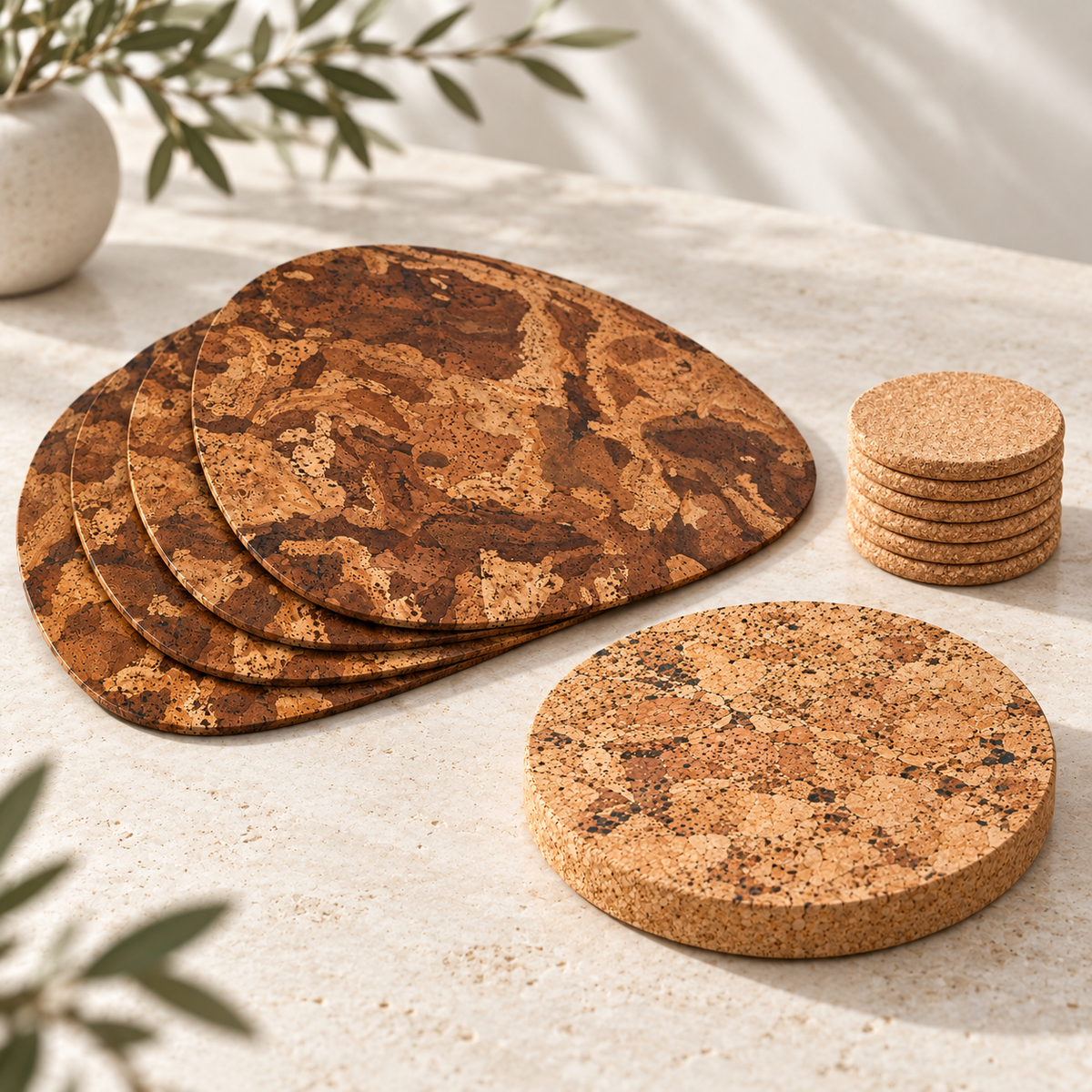 Pick Angola cork placemats and six round coasters with thick Angola trivet, side angle