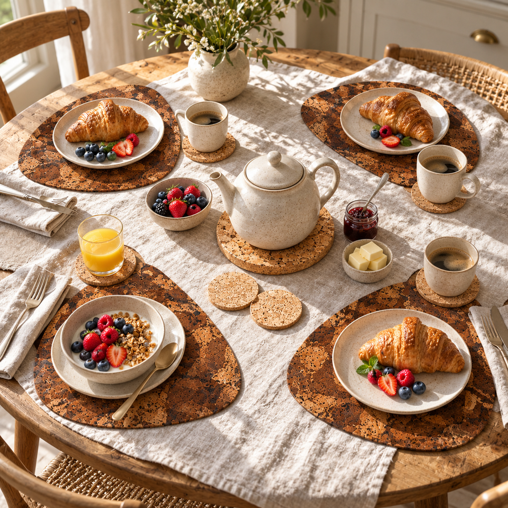 Four-person breakfast with Pick Angola cork placemats and natural coaster set