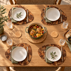 Four-person dinner using Pick Angola cork table set with trivet