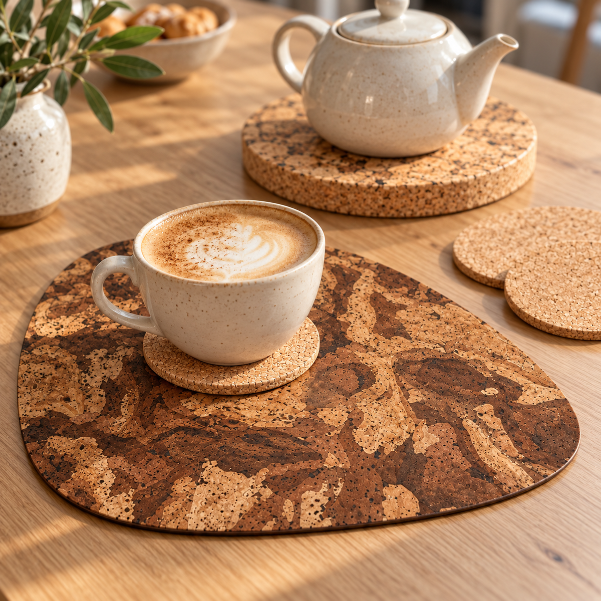 Cork table setting detail: Pick Angola placemat, natural coaster and light Angola trivet