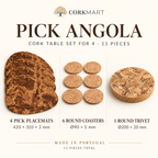 11-piece Pick Angola cork table set infographic with four pick placemats six coasters and one round trivet, dimensions