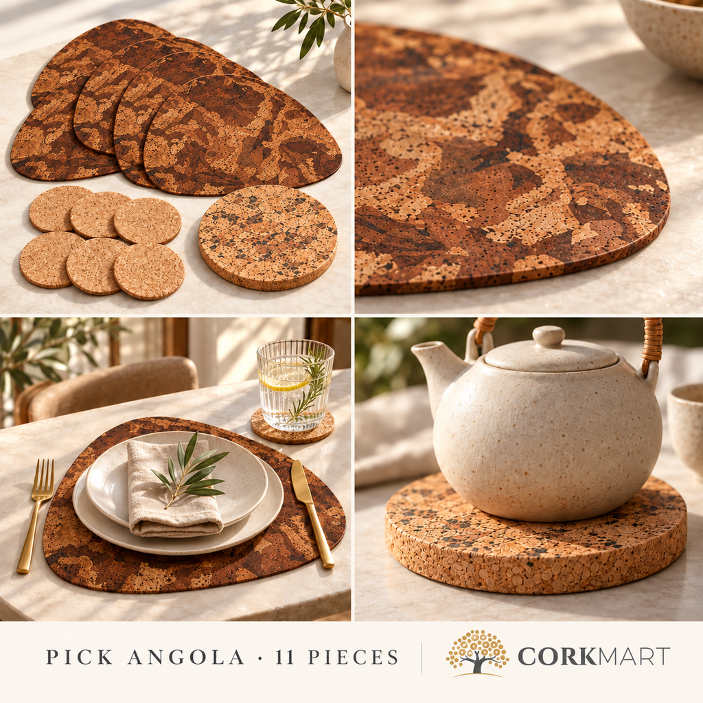 Editorial collage showing dark Pick Angola placemats, coasters, and trivet in use