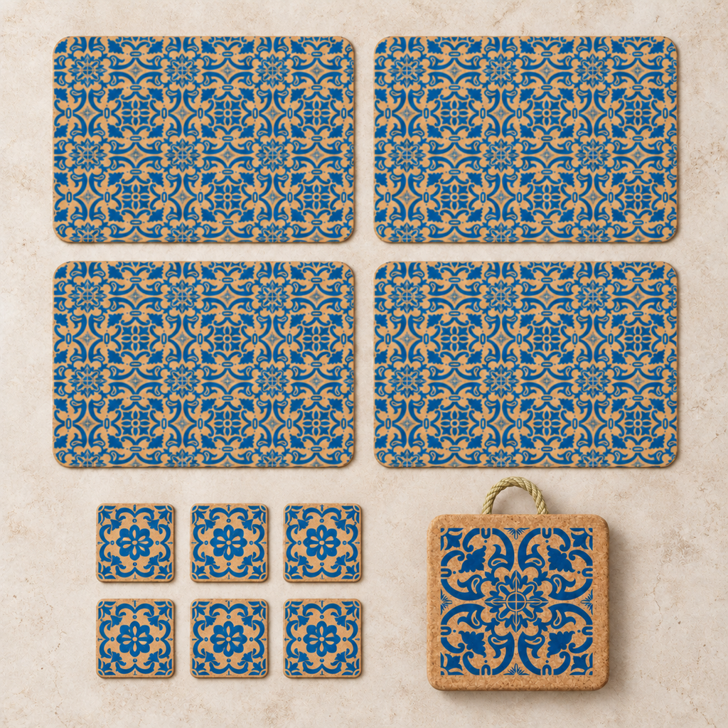 Portuguese Tile Cork Table Set complete contents: four placemats, six coasters and one 20 cm trivet, all eleven pieces arranged on a stone surface