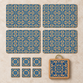 Portuguese Tile Cork Table Set complete contents: four placemats, six coasters and one 20 cm trivet, all eleven pieces arranged on a stone surface