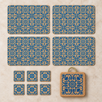 Portuguese Tile Cork Table Set complete contents: four placemats, six coasters and one 20 cm trivet, all eleven pieces arranged on a stone surface