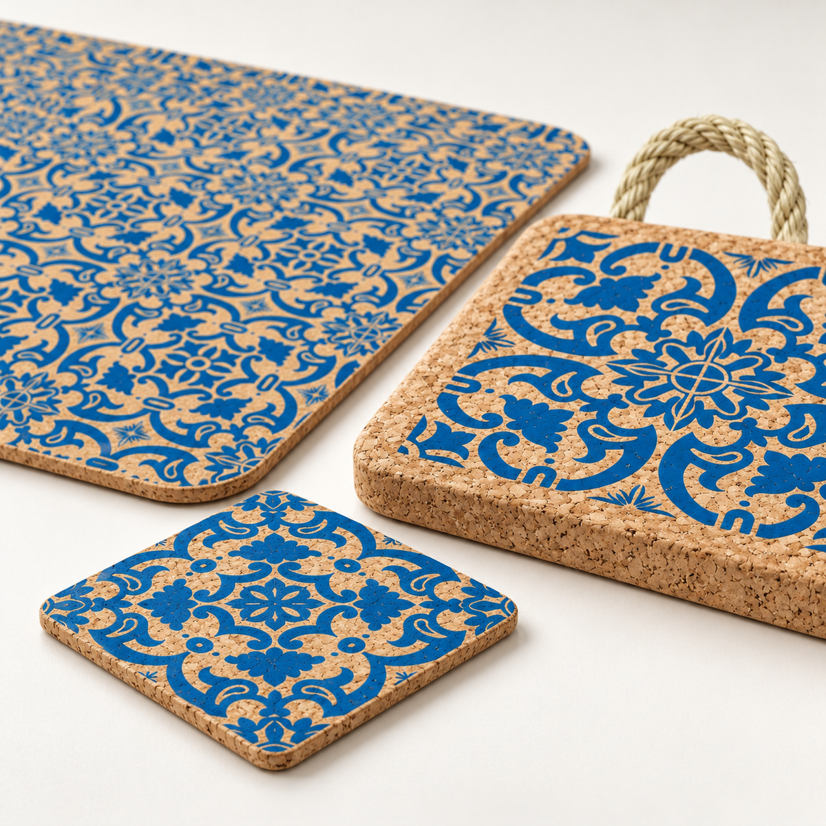 Macro detail of the Portuguese Tile cork placemat, small coaster and substantial 20 mm trivet showing cork grain, blue motif and braided loop
