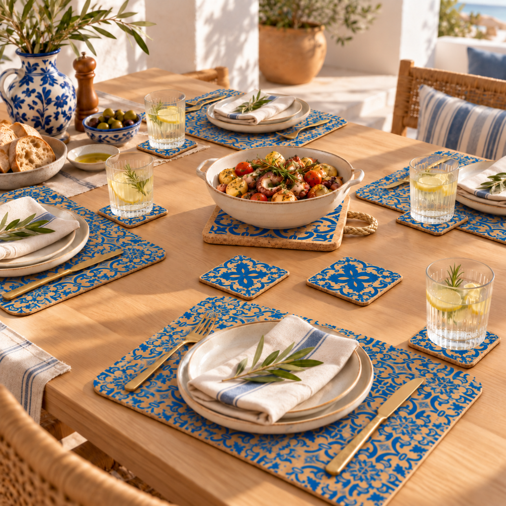 Portuguese Tile cork dining set in use on a sunlit table for four with coordinating blue cork placemats, coasters and a serving trivet